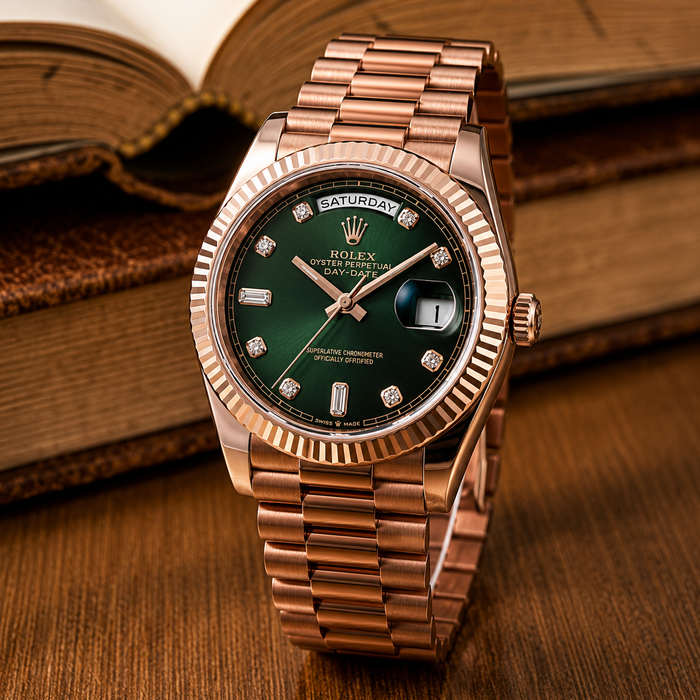 ROLE_X OYSTER PERPETUAL DAY DATE 40 || ROSE GOLD GREEN